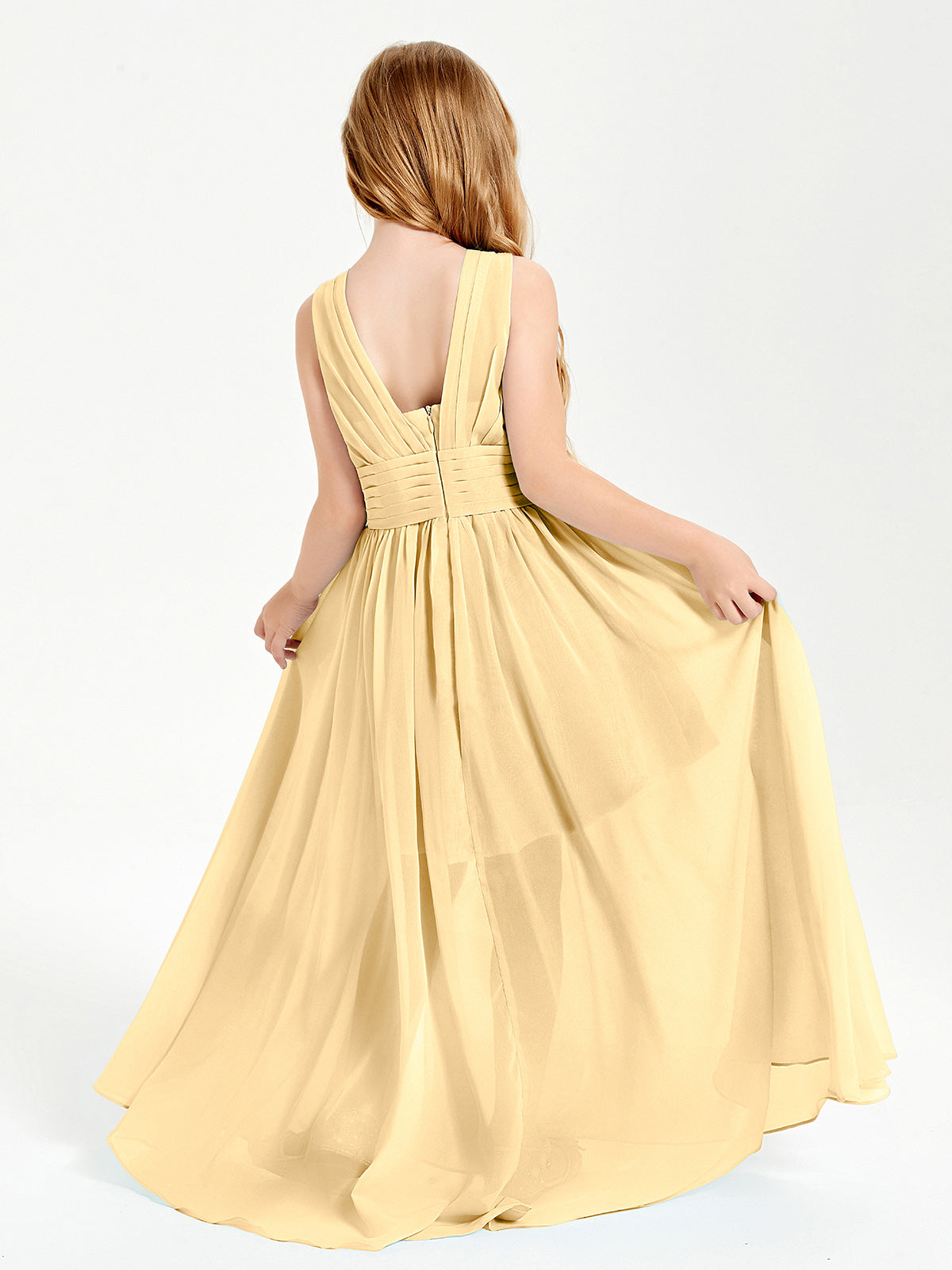 Long V-neck Junior Bridesmaid Dresses Gold